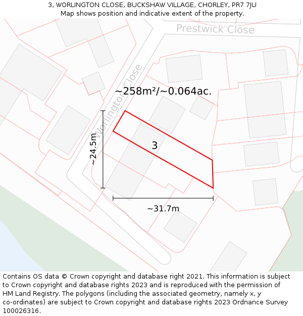 3, WORLINGTON CLOSE, BUCKSHAW VILLAGE, CHORLEY, PR7 7JU: Plot and title map