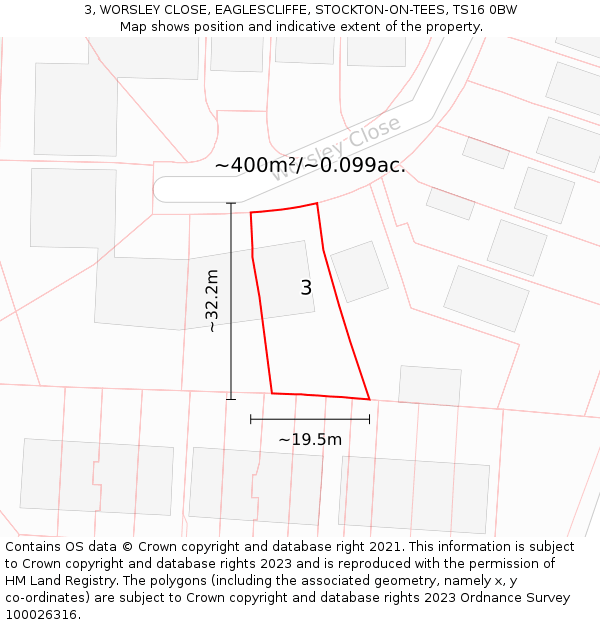 3, WORSLEY CLOSE, EAGLESCLIFFE, STOCKTON-ON-TEES, TS16 0BW: Plot and title map