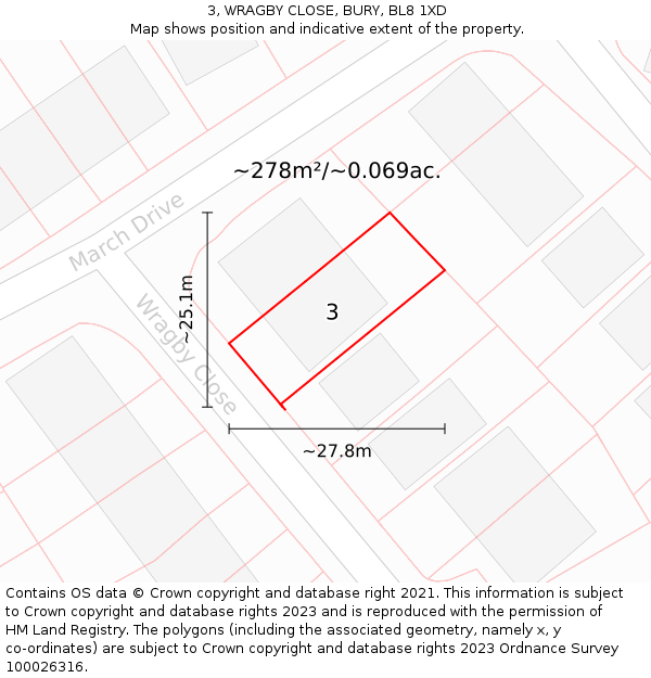 3, WRAGBY CLOSE, BURY, BL8 1XD: Plot and title map