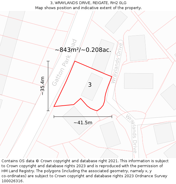 3, WRAYLANDS DRIVE, REIGATE, RH2 0LG: Plot and title map