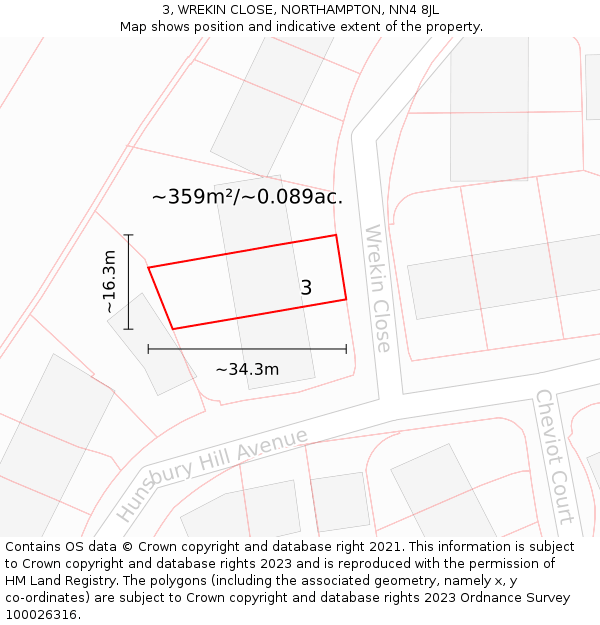 3, WREKIN CLOSE, NORTHAMPTON, NN4 8JL: Plot and title map