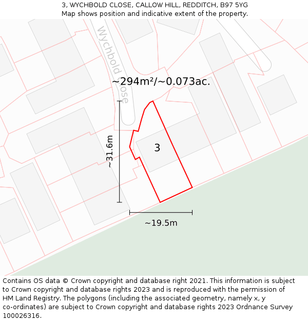 3, WYCHBOLD CLOSE, CALLOW HILL, REDDITCH, B97 5YG: Plot and title map