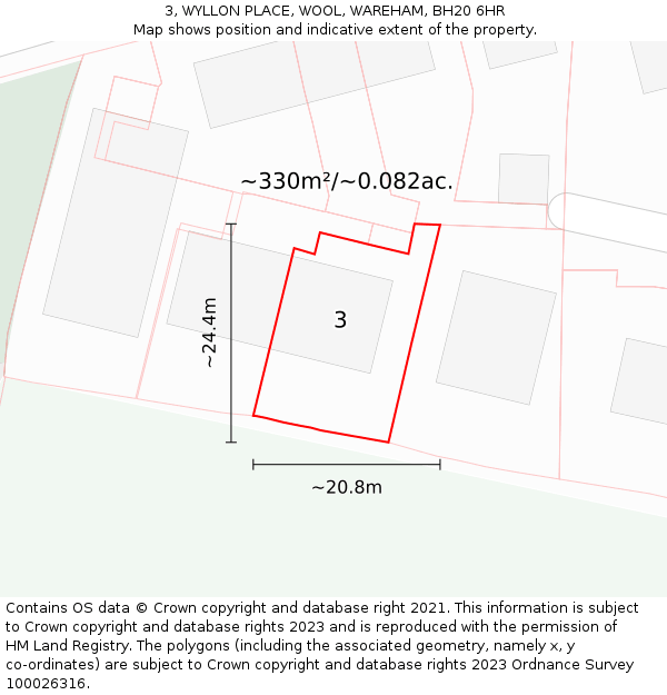 3, WYLLON PLACE, WOOL, WAREHAM, BH20 6HR: Plot and title map