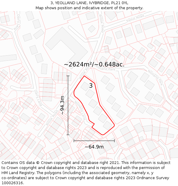 3, YEOLLAND LANE, IVYBRIDGE, PL21 0YL: Plot and title map