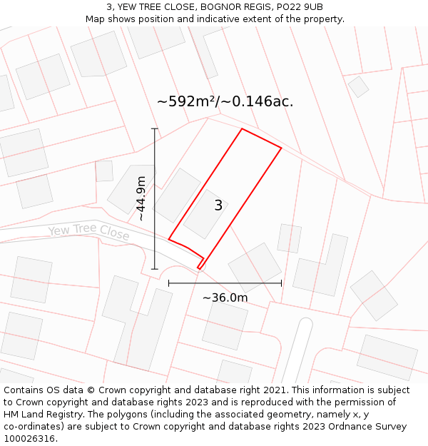 3, YEW TREE CLOSE, BOGNOR REGIS, PO22 9UB: Plot and title map