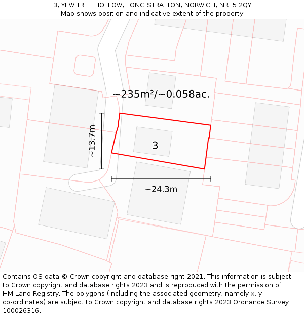 3, YEW TREE HOLLOW, LONG STRATTON, NORWICH, NR15 2QY: Plot and title map