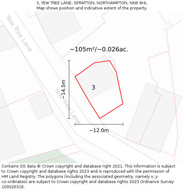 3, YEW TREE LANE, SPRATTON, NORTHAMPTON, NN6 8HL: Plot and title map