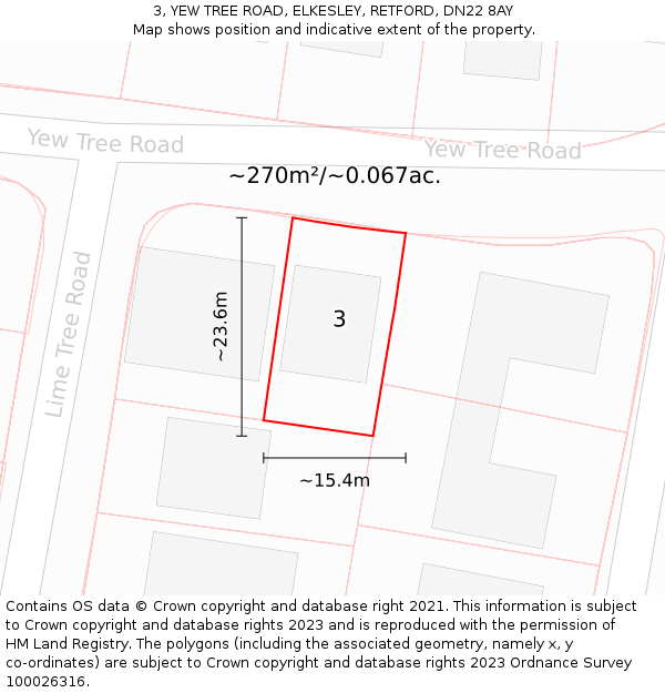 3, YEW TREE ROAD, ELKESLEY, RETFORD, DN22 8AY: Plot and title map