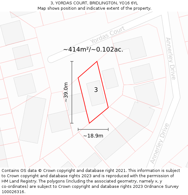 3, YORDAS COURT, BRIDLINGTON, YO16 6YL: Plot and title map