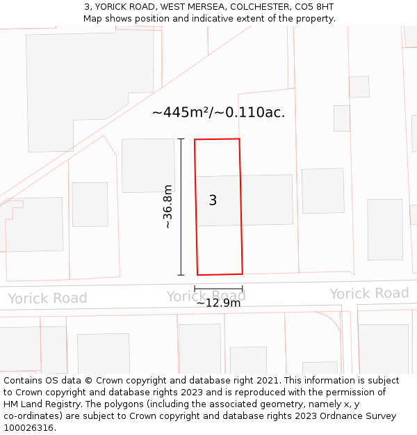 3, YORICK ROAD, WEST MERSEA, COLCHESTER, CO5 8HT: Plot and title map