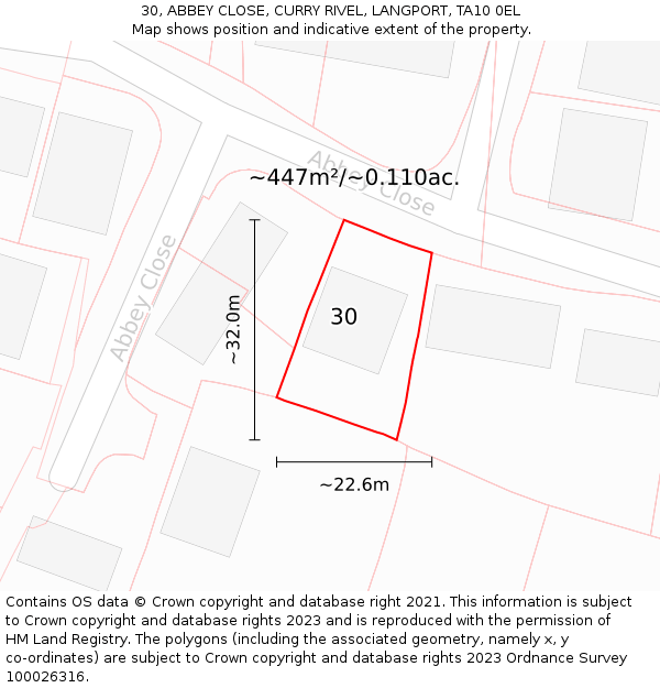 30, ABBEY CLOSE, CURRY RIVEL, LANGPORT, TA10 0EL: Plot and title map