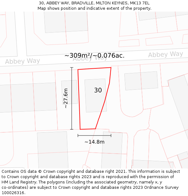 30, ABBEY WAY, BRADVILLE, MILTON KEYNES, MK13 7EL: Plot and title map