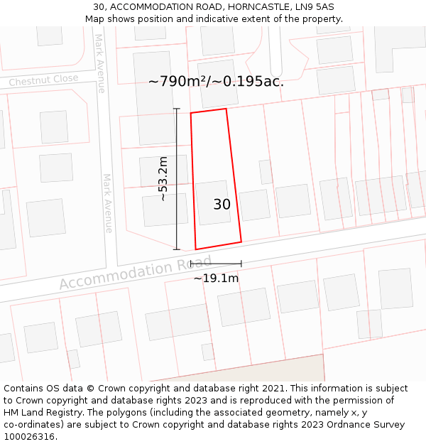 30, ACCOMMODATION ROAD, HORNCASTLE, LN9 5AS: Plot and title map