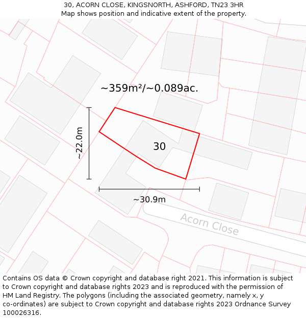 30, ACORN CLOSE, KINGSNORTH, ASHFORD, TN23 3HR: Plot and title map
