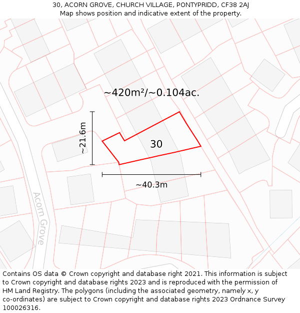 30, ACORN GROVE, CHURCH VILLAGE, PONTYPRIDD, CF38 2AJ: Plot and title map