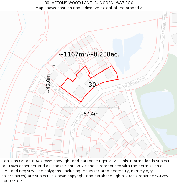 30, ACTONS WOOD LANE, RUNCORN, WA7 1GX: Plot and title map