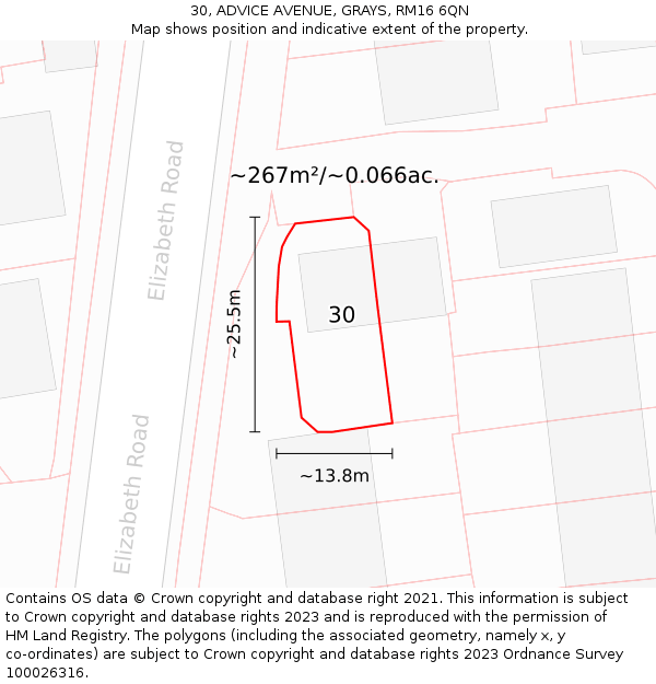 30, ADVICE AVENUE, GRAYS, RM16 6QN: Plot and title map