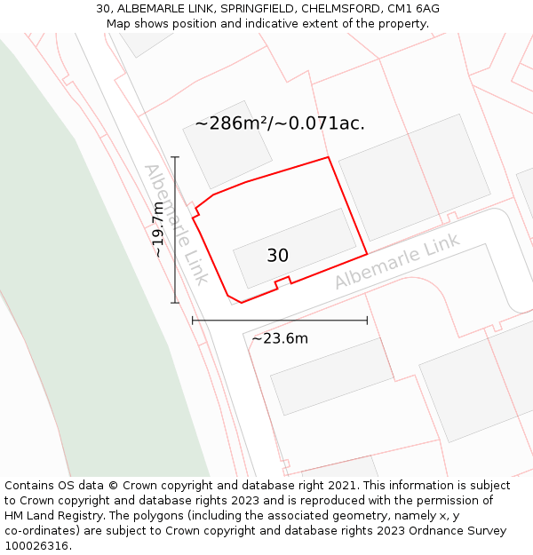 30, ALBEMARLE LINK, SPRINGFIELD, CHELMSFORD, CM1 6AG: Plot and title map