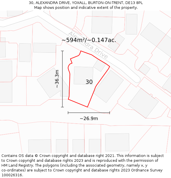 30, ALEXANDRA DRIVE, YOXALL, BURTON-ON-TRENT, DE13 8PL: Plot and title map