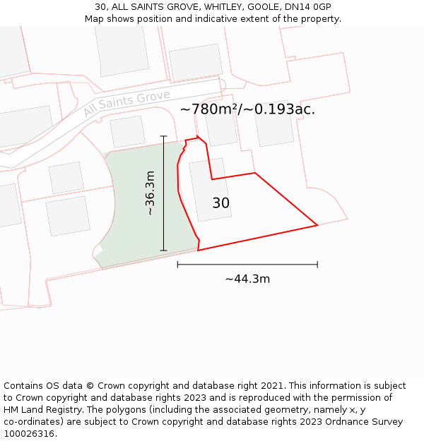 30, ALL SAINTS GROVE, WHITLEY, GOOLE, DN14 0GP: Plot and title map