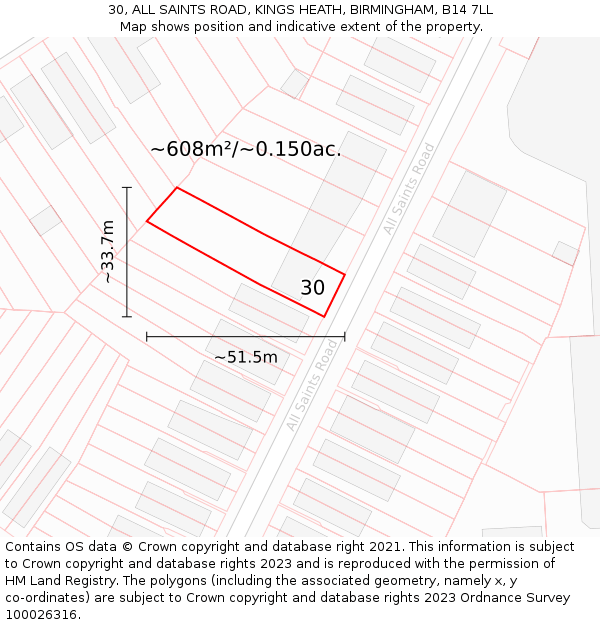 30, ALL SAINTS ROAD, KINGS HEATH, BIRMINGHAM, B14 7LL: Plot and title map