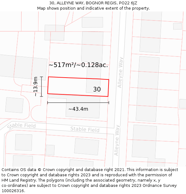 30, ALLEYNE WAY, BOGNOR REGIS, PO22 6JZ: Plot and title map