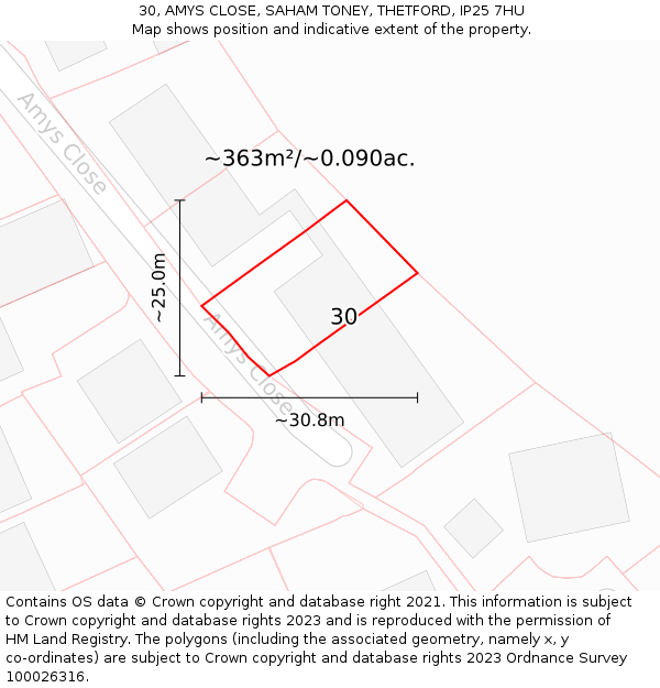 30, AMYS CLOSE, SAHAM TONEY, THETFORD, IP25 7HU: Plot and title map