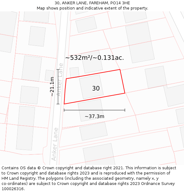 30, ANKER LANE, FAREHAM, PO14 3HE: Plot and title map