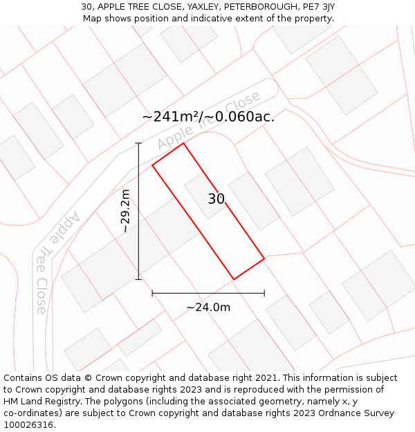 30, APPLE TREE CLOSE, YAXLEY, PETERBOROUGH, PE7 3JY: Plot and title map