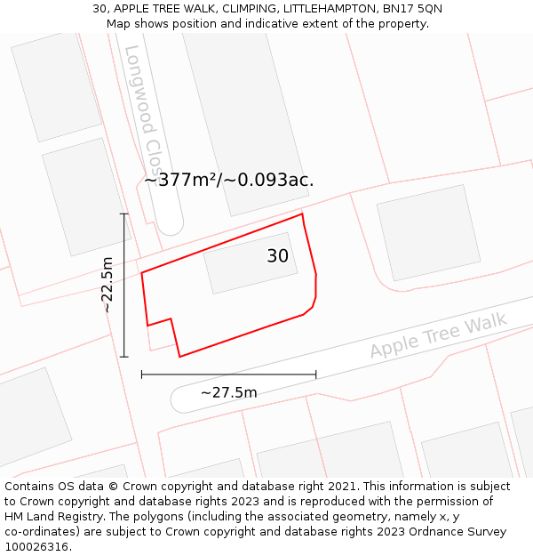 30, APPLE TREE WALK, CLIMPING, LITTLEHAMPTON, BN17 5QN: Plot and title map