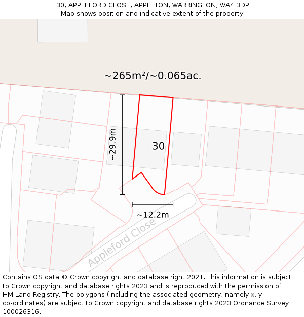 30, APPLEFORD CLOSE, APPLETON, WARRINGTON, WA4 3DP: Plot and title map