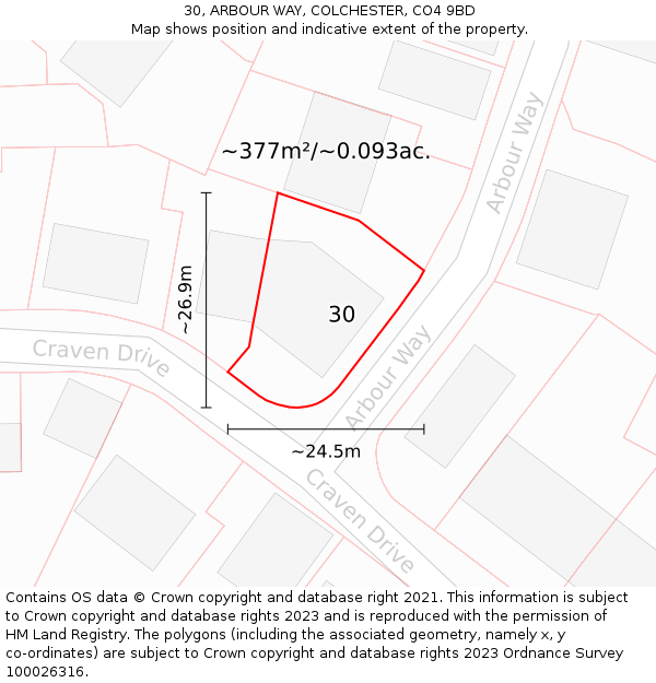 30, ARBOUR WAY, COLCHESTER, CO4 9BD: Plot and title map