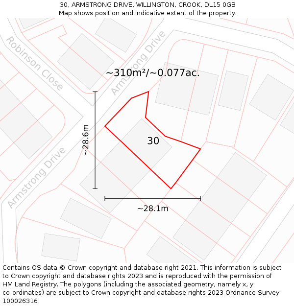 30, ARMSTRONG DRIVE, WILLINGTON, CROOK, DL15 0GB: Plot and title map