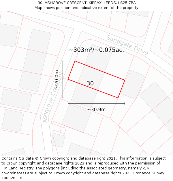 30, ASHGROVE CRESCENT, KIPPAX, LEEDS, LS25 7RA: Plot and title map