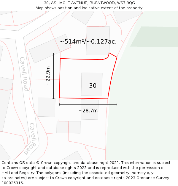 30, ASHMOLE AVENUE, BURNTWOOD, WS7 9QG: Plot and title map