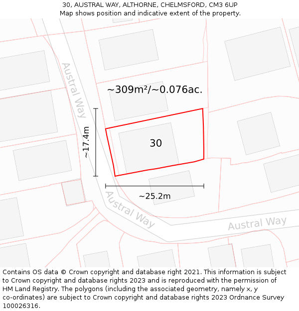 30, AUSTRAL WAY, ALTHORNE, CHELMSFORD, CM3 6UP: Plot and title map