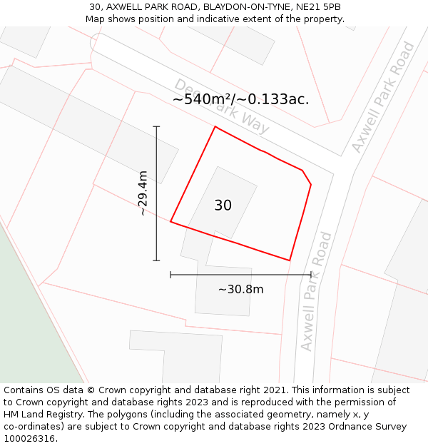 30, AXWELL PARK ROAD, BLAYDON-ON-TYNE, NE21 5PB: Plot and title map