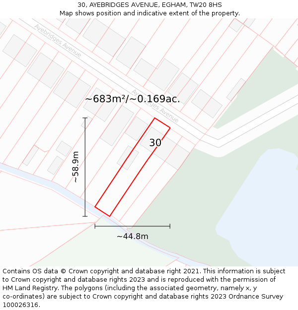 30, AYEBRIDGES AVENUE, EGHAM, TW20 8HS: Plot and title map