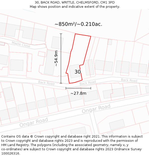 30, BACK ROAD, WRITTLE, CHELMSFORD, CM1 3PD: Plot and title map