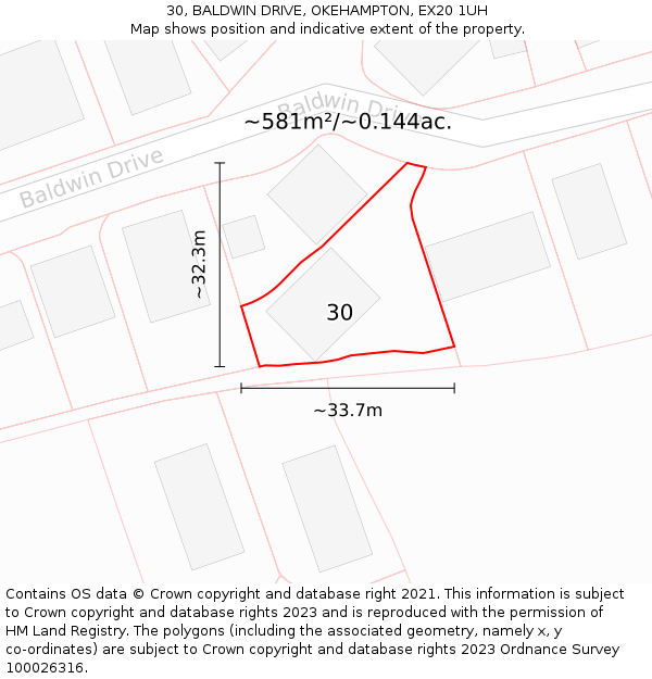 30, BALDWIN DRIVE, OKEHAMPTON, EX20 1UH: Plot and title map