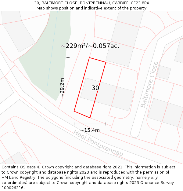 30, BALTIMORE CLOSE, PONTPRENNAU, CARDIFF, CF23 8PX: Plot and title map