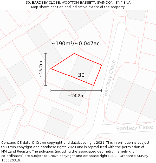 30, BARDSEY CLOSE, WOOTTON BASSETT, SWINDON, SN4 8NA: Plot and title map