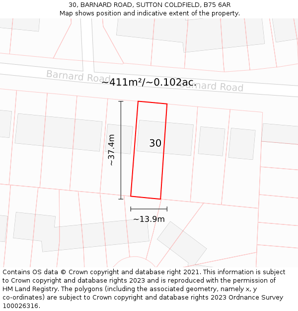 30, BARNARD ROAD, SUTTON COLDFIELD, B75 6AR: Plot and title map