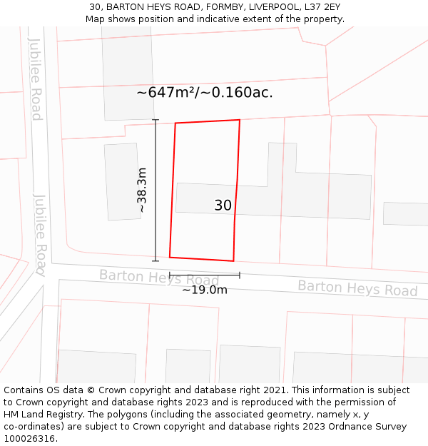 30, BARTON HEYS ROAD, FORMBY, LIVERPOOL, L37 2EY: Plot and title map