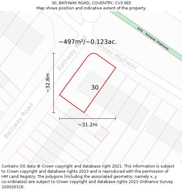 30, BATHWAY ROAD, COVENTRY, CV3 6EE: Plot and title map