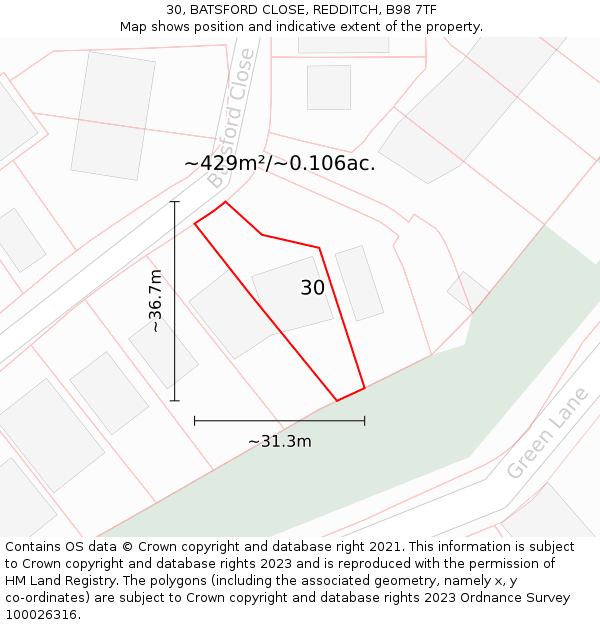 30, BATSFORD CLOSE, REDDITCH, B98 7TF: Plot and title map