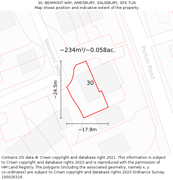 30, BEAMONT WAY, AMESBURY, SALISBURY, SP4 7UA: Plot and title map