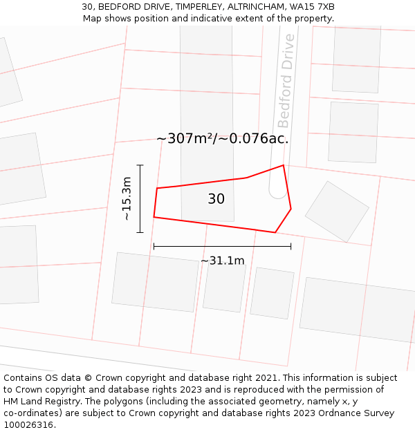30, BEDFORD DRIVE, TIMPERLEY, ALTRINCHAM, WA15 7XB: Plot and title map