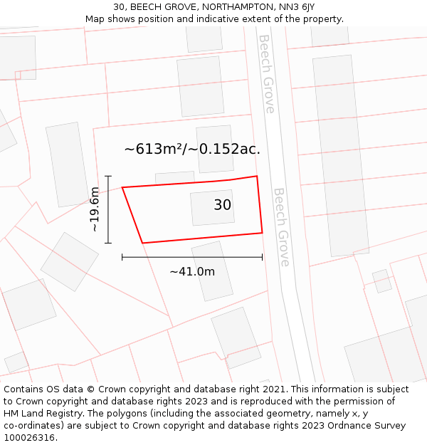 30, BEECH GROVE, NORTHAMPTON, NN3 6JY: Plot and title map