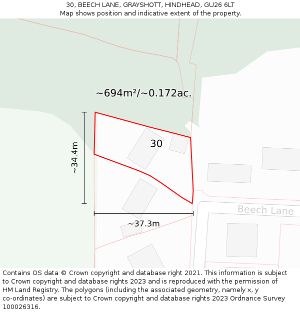 30, BEECH LANE, GRAYSHOTT, HINDHEAD, GU26 6LT: Plot and title map